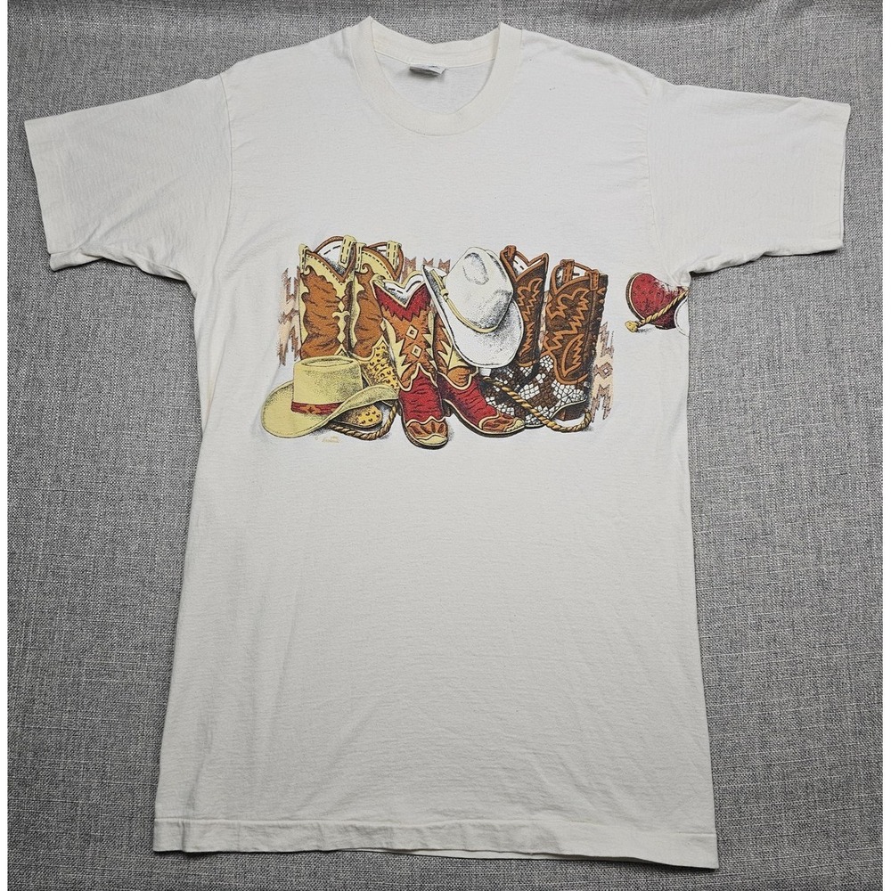 VTG Western Shirt Mens Large Cowboy Boots Hats Wrap Graphic Made USA 80s 90s